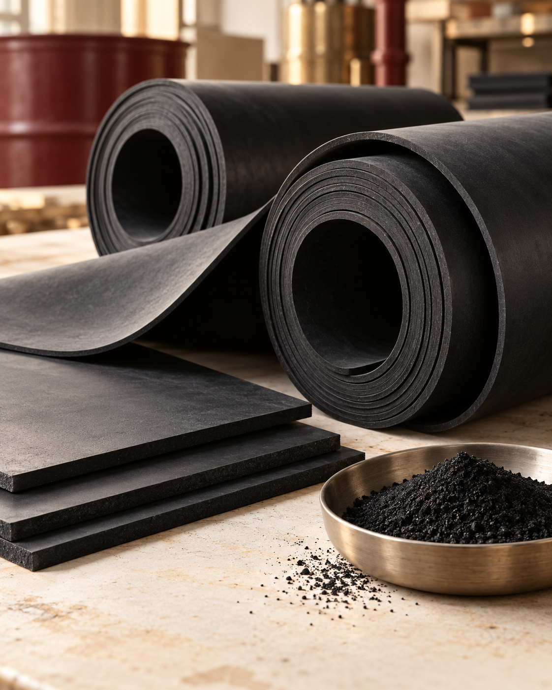 AI-generated illustration of rubber sheets, rolls and powder